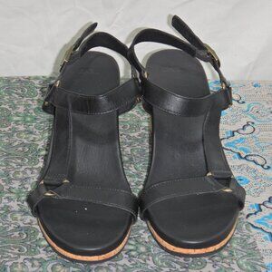 TEVA Black Leather Strap Cork Wedges w/ Adjustable Straps